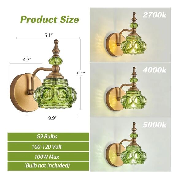 Vintage Style Green Glass Brass Wall Sconce - Picture 3 of 4